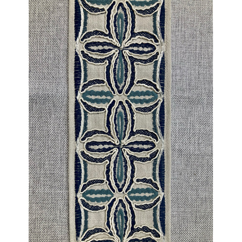 Ruban de tissu de lin tissé brodé avec bordure de 4 po de largeur vendu à la verge, Taupe / bleu / crème