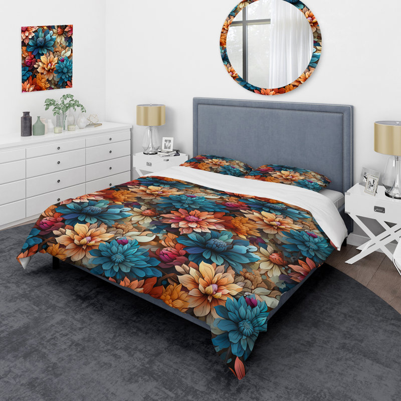 Ensemble de housse de couette Colorful Popart Pixel Flower Garden I, Housse de couette pour grand lit et 2 taies décor