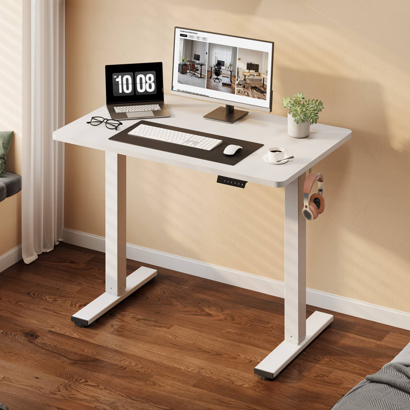 Bureau de travail debout à hauteur ajustable ergonomique avec crochets, Blanc, H 46,5 po x l 39,4 po x P 23,6 po