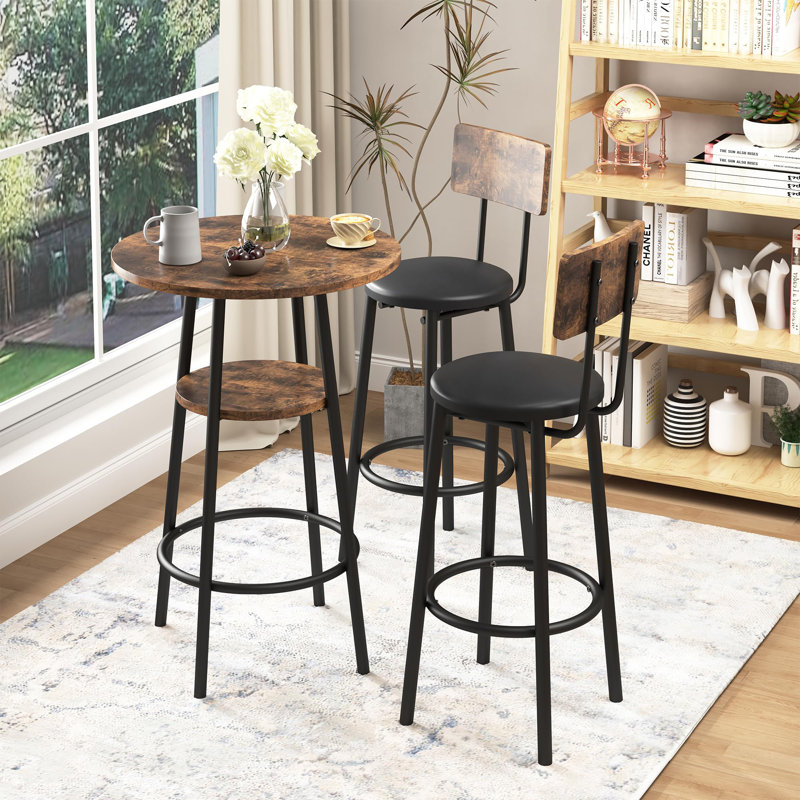 Rustic Brown Round Bistro Bar Table Set with Black Iron Frame