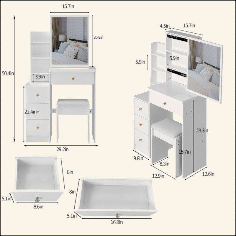 Small Size Left Bedside Cabinet Vanity Table + Cushioned Stool, Extra Large Sliding Mirror, Multi Layer, High Capacity Storage Fashionable Dresser, Suitable For Small Space, EPA,GCC,UL Certificate