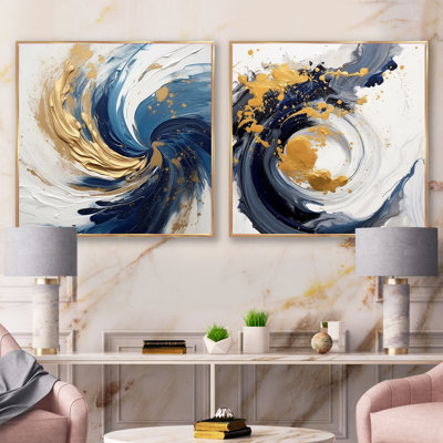 Dark Blue And Gold Strokes XXIII - Abstract Spirals Square Collage Set Of 2