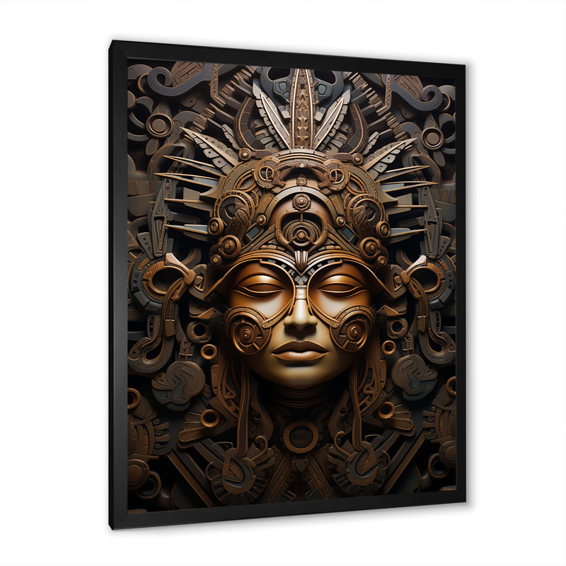Masque aztèque antique sur toile, Cadre simple noir, H 44 po x l 34 po x P 1,5 po