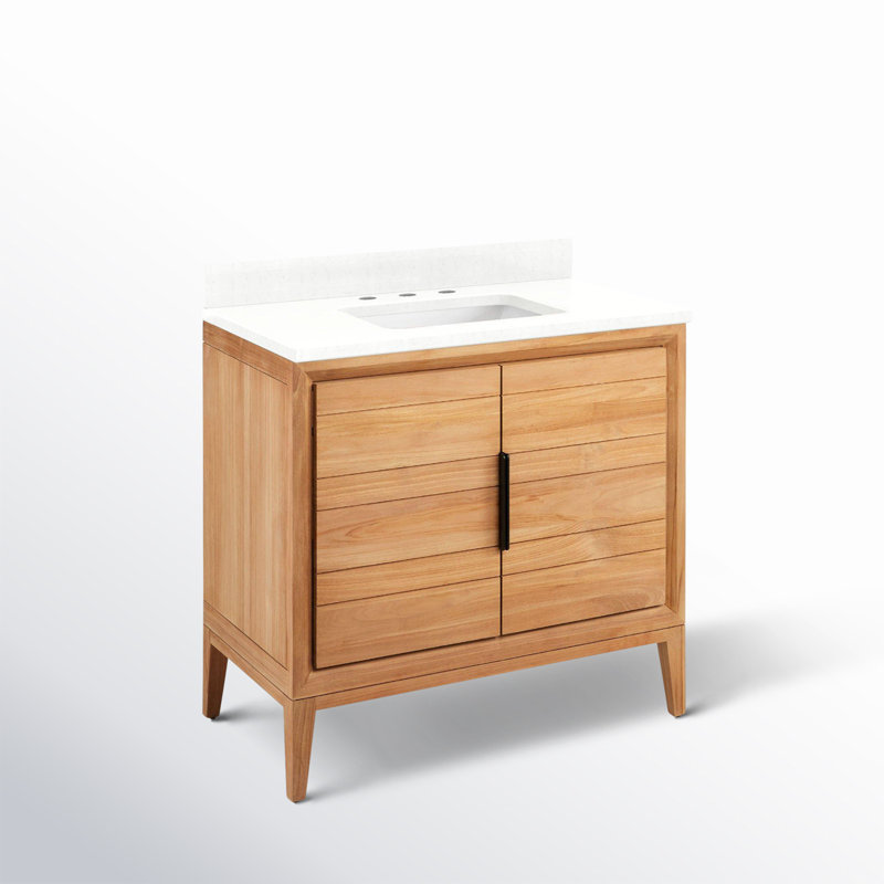 Aliso 36" Single Bathroom Vanity, Feathered White Quartz, 8" Widespread, Natural Teak