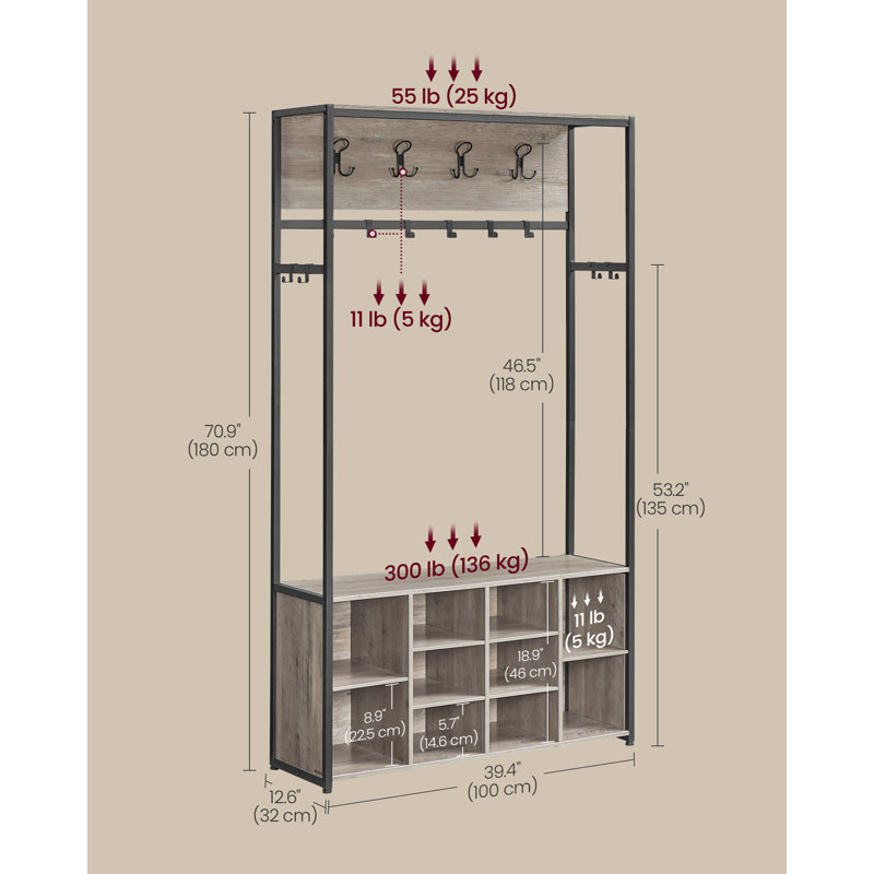 Hall Tree With Bench And Shoe Storage, Heather Greige