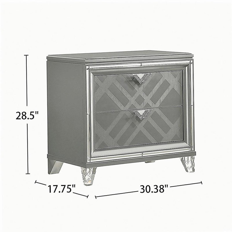 2 Drawers Nightstand with Mirror Trim, Silver