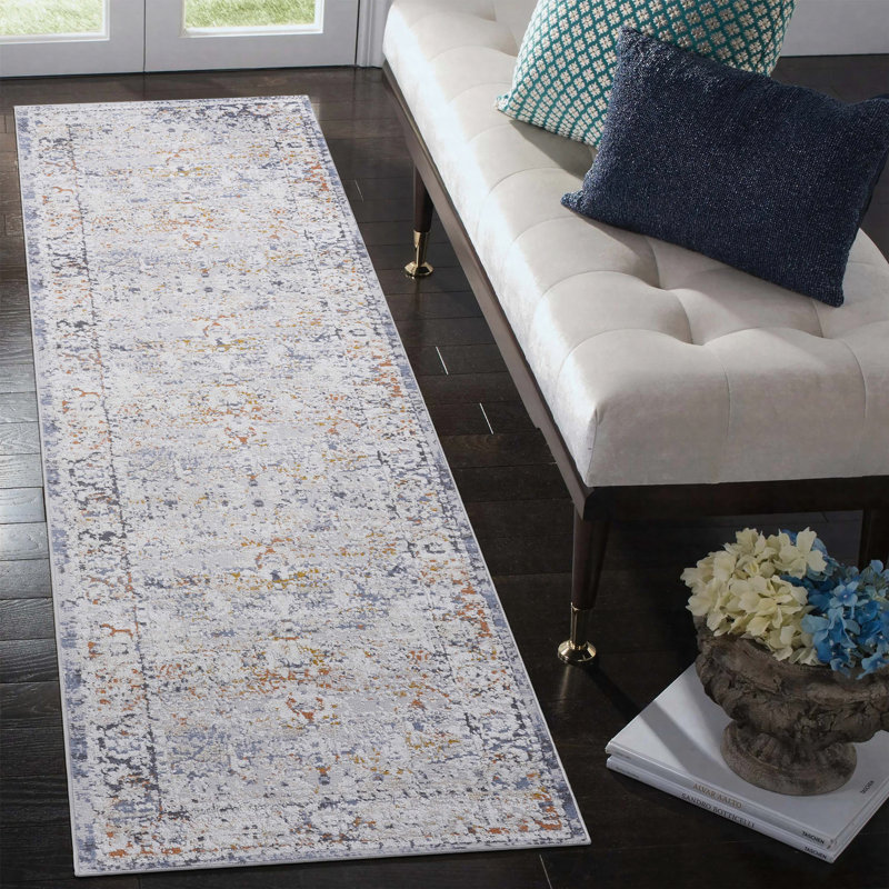 Tapis de couloir gris ivoire traditionnel résistant aux taches et aux fibres synthétiques 2 pi x 8 pi