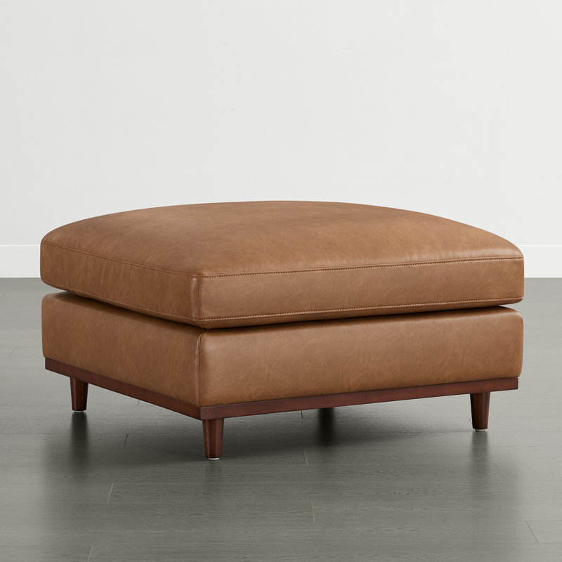 Laima 35"W Overstuffed Feather-Blend Faux Leather Ottoman With Solid Wood Legs