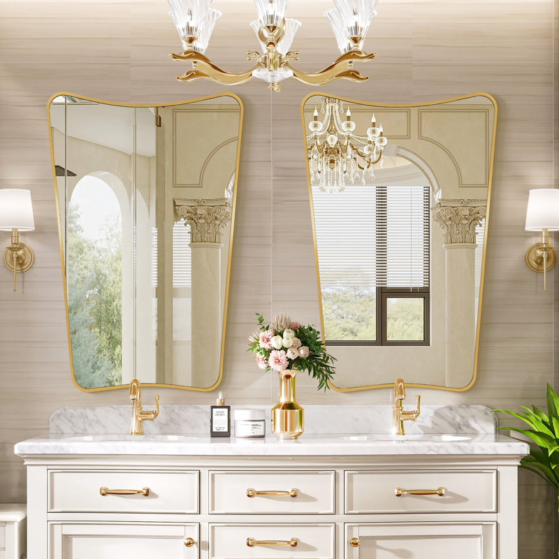 Rectangle Scalloped Metal Flat Wall Mirror Sets, Gold, 36" x 24"