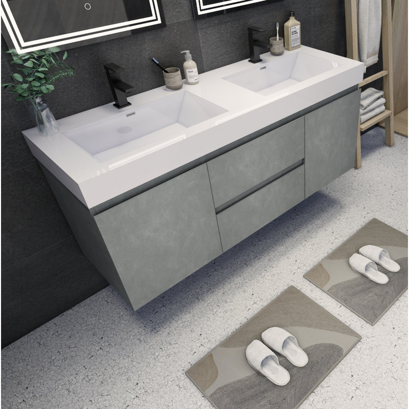 Ensemble de meuble-lavabo double mural 60 po Hartt, Gris ciment