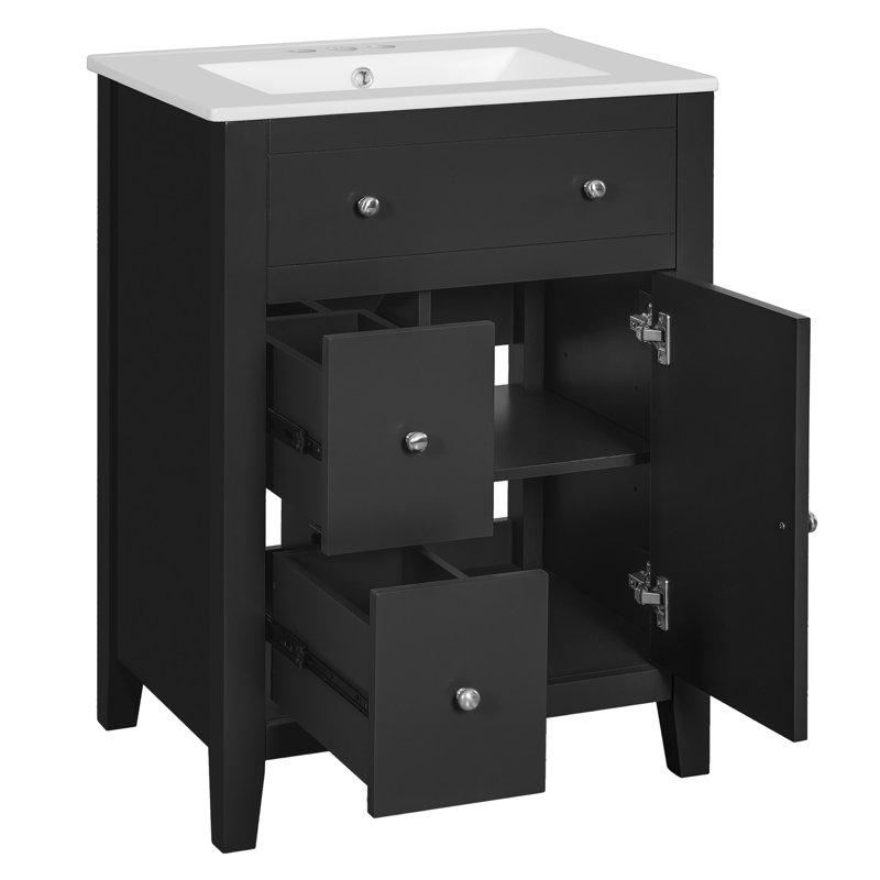 Meuble-lavabo 24 po avec lavabo en céramique, esthétique champêtre français, fonctionnement silencieux des tiroirs, compartiments de rangement modernes 24 po, lavabo, métal rustique, mouvement fluide, compact pour gels de douche