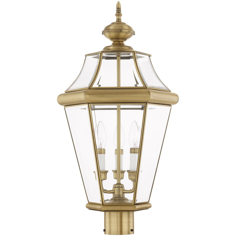 Outdoor Post Lantern Pendant Light Fixture Clear Beveled Glass Shade, Antique Brass