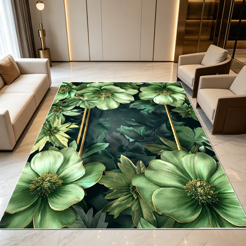 1PC Vintage Sage Green Floral Gold Gilded Frame area rugs for Living Room, Soft and Comfortable, Suitable for all seasons, easy-to-maintain, machine washable Indoor floor mat, Under Table Farmhouse suitable for living room, dining area, bedroom,
