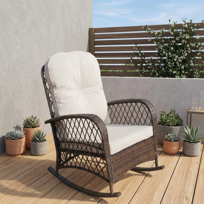 Outdoor Wicker Rocking Chair with a Wide Seat and Thick Soft Cushion, Constructed as a Rattan Rocker with a Steel Frame, Offering High Weight Capacity - Suitable for Patios, Gardens, and Backyards, Grey Cushion