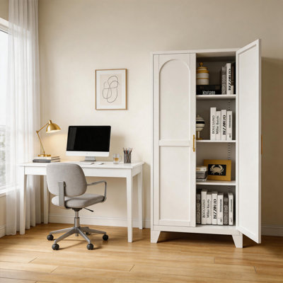 Armoire de rangement haute à arche blanche avec poignées dorées, armoire d'appoint 2 portes pour le salon et la chambre à coucher