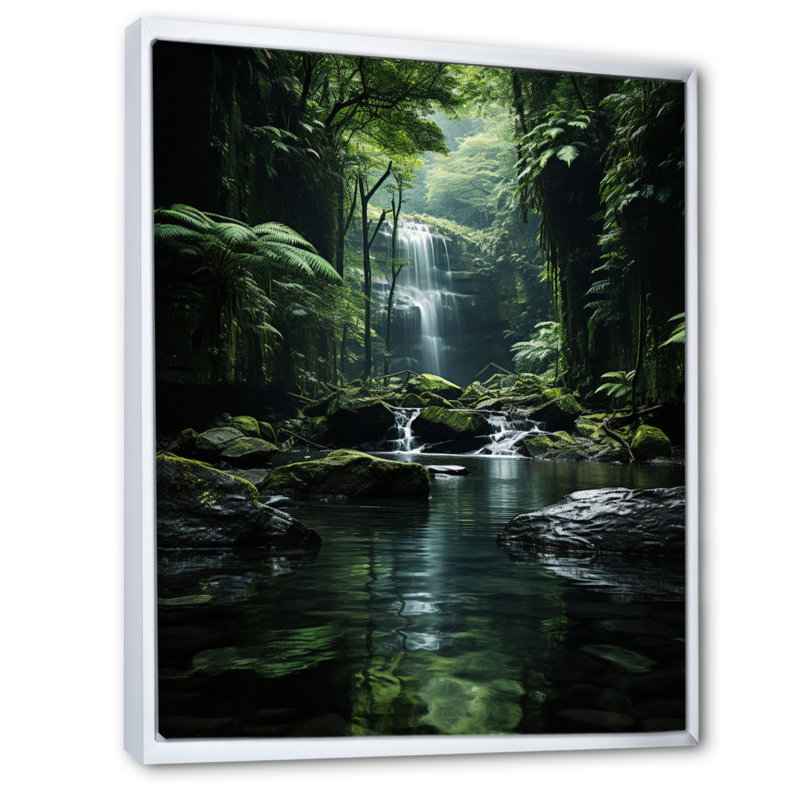 Waterfall Hidden Oasis Forest II, reproduction d'art sur toile, Cadre flottant blanc, H 32 po x l 24 po x P 1 po