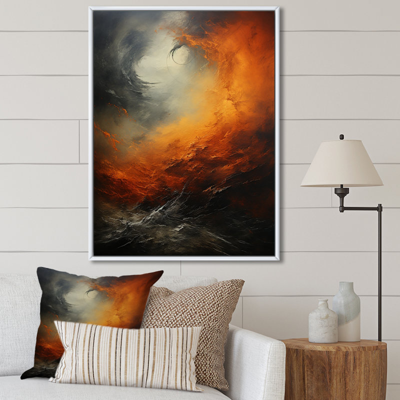 Lauana " Orange Storm Force Of Nature I ", White Floater Framed, 32" H x 16" W x 1" D