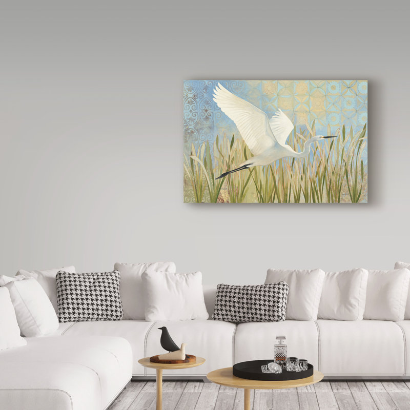 Bohemian Egret in Flight Canvas Art with Blue and Beige Patterns