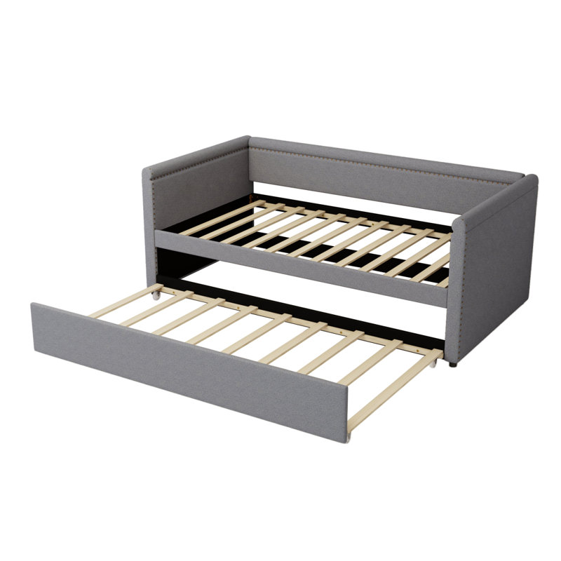 Lit de jour rembourré de style moderne avec lit gigogne pour chambre d'amis, petite chambre, salle d'étude, gris