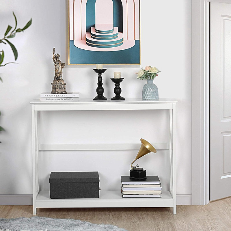 2-Tier X-Design Console Table, Narrow Entryway/Sofa Table, White