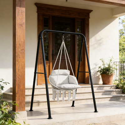 Balancelle suspendue pour une détente confortable, coton 320 g / m², balançoire sécuritaire en acier, décor à franges, charge de 265 lb, placement intérieur / extérieur, chaise avec rembourrage doux et mélange de coton, structure solide,