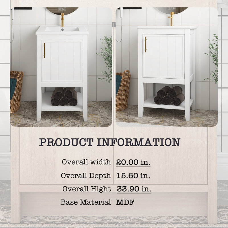 Meuble-lavabo blanc en MDF de 20 po avec lavabo, armoire de salle de bain avec porte à fermeture douce, support de rangement et tablette ouverte