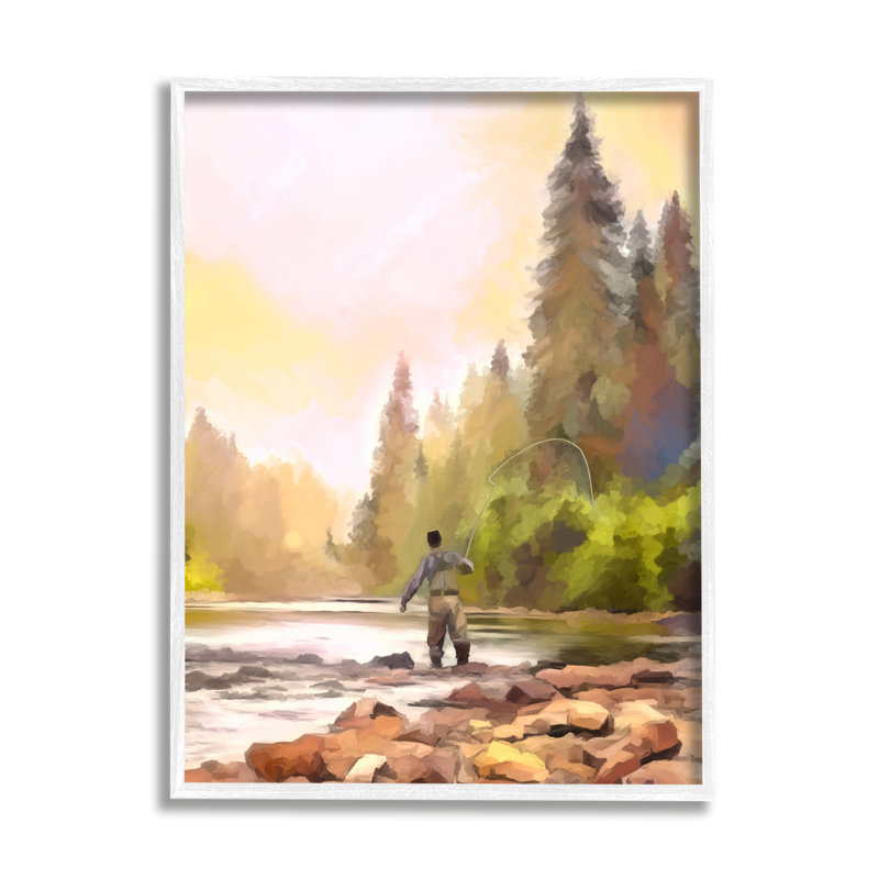 «Fly Fishing At Lake On Canvas» par Amy Hall, peinture, H 14 po x l 11 po x P 1,5 po, Giclée encadrée blanc bord de mer