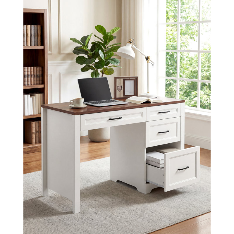 Bureau de direction Farmhouse avec classeur, plateau en bois blanc, tiroirs de rangement, bureau à domicile compact