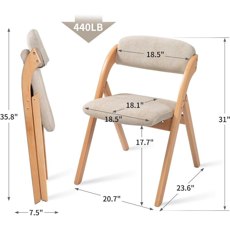 Wooden Stackable Dining  Folding Chairs with Padded Seats, Set of 2 with Removable Cover Extra, Cream, Cream