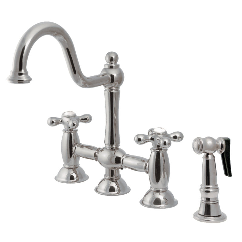 Kingston Brass Restoration Two-Handle 4-Hole Deck Mount Bridge Kitchen Faucet with Brass Side Sprayer