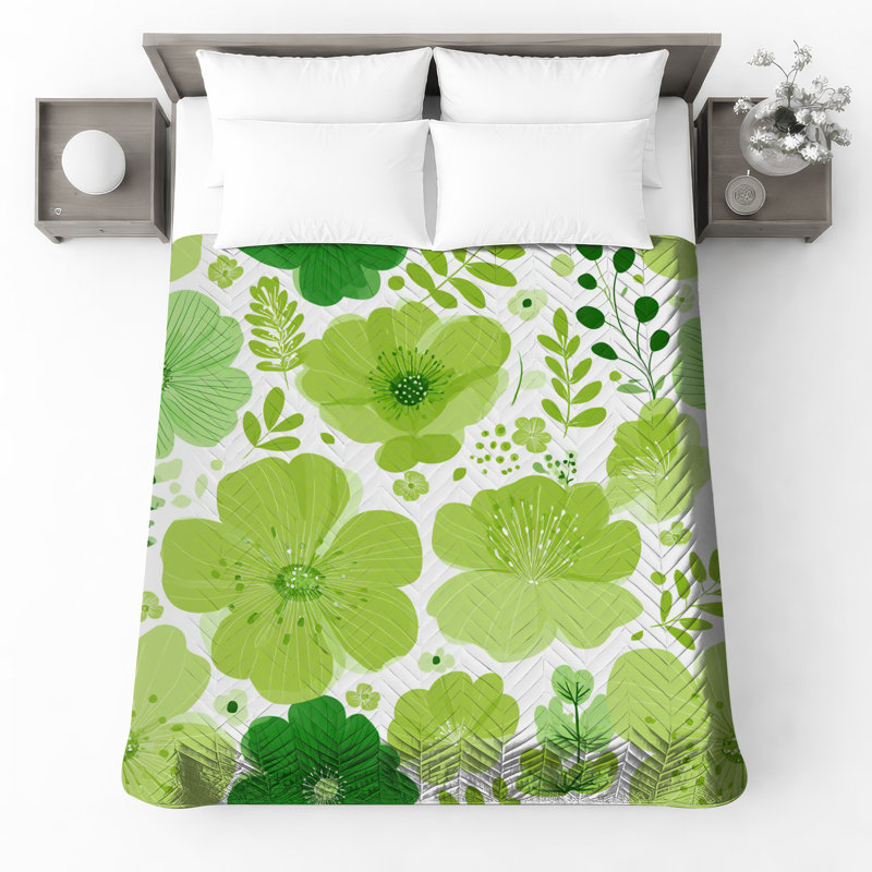 Couvre-lit matelassé vert à motif floral toutes tailles, Double