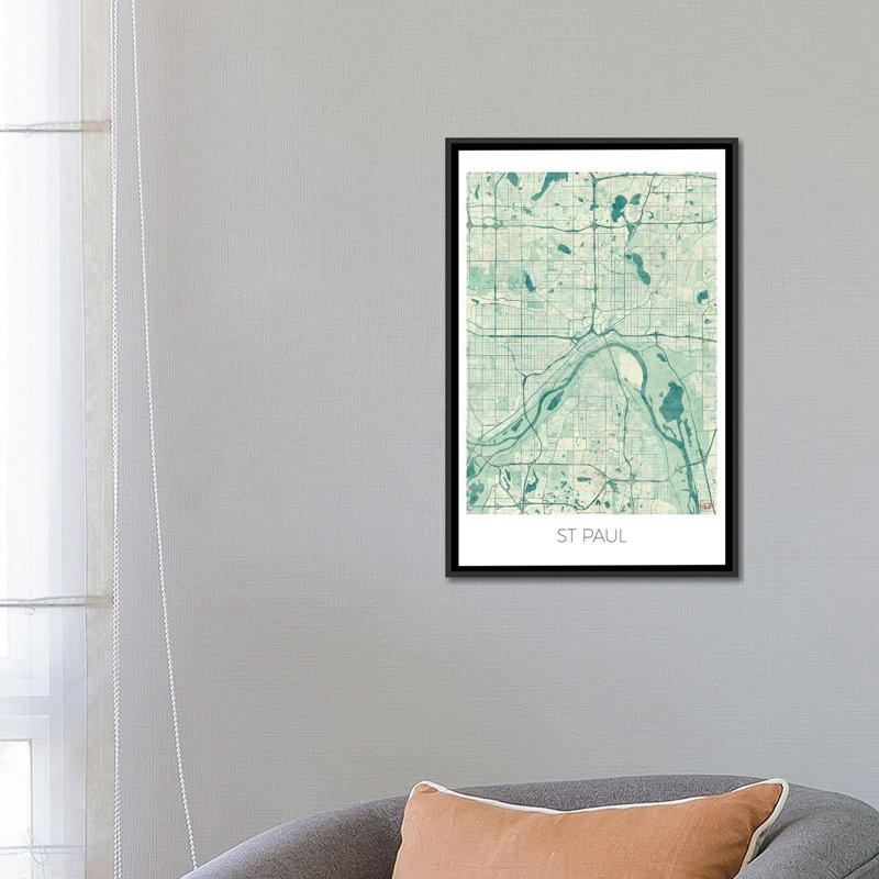 «St. Paul Vintage Blue Watercolor Urban Blueprint Map» par Hubert Roguski - reproduction d'art sur toile tendue, Pas de tapis