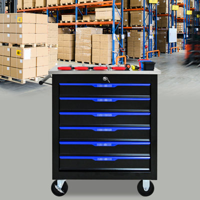 Chariot d'atelier à 6 tiroirs avec roulettes - noir et bleu, structure en acier robuste, verrouillable, comptoir lisse, 4 outils amovibles et 6 outils en acier thermolaqué, tiroirs verrouillables à clé, comptoirs, mobile