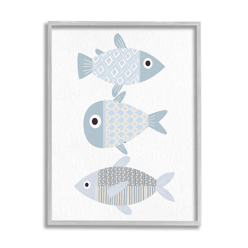Trois poissons fantaisistes, motif de vie marine, impression sur bois aggloméré, Encadré gris, H 20 po x l 16 po x P 1,5 po