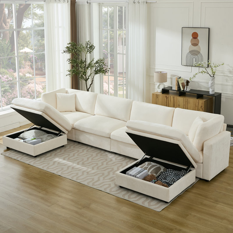 Canapé modulaire surdimensionné rembourré de duvet avec repose-pieds avec rangement, Beige