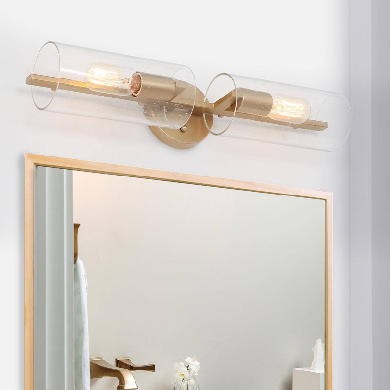 Modern 2-Light Gold 21.5" Reversible Linear Armed Wall Sconce with Seeded Glass for Damp Indoor