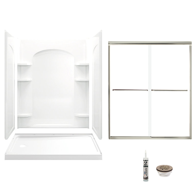 60" W x 74.75" H Frameless Rectangle Sliding Shower Kit with Towel Bar and Base Included, White, Nickel