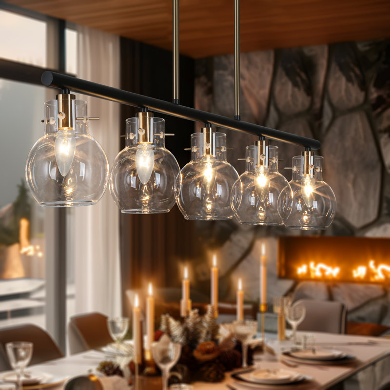 5 - Light Dimmable Shaded Dome/Cone Linear Chandelier, Globe