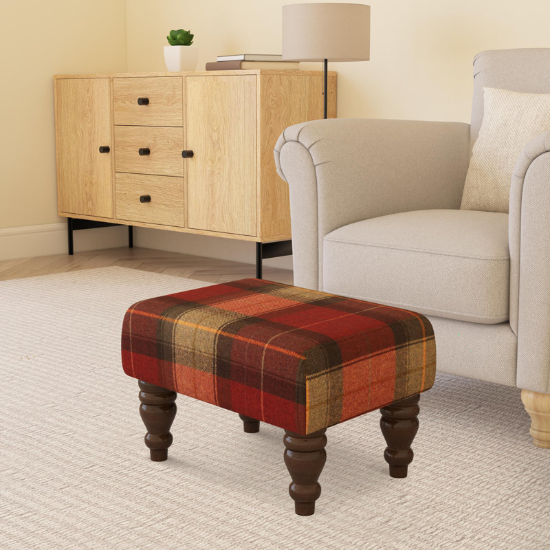 Tartan Material Large Footstools Tartan - Claret Red - Wood Turned Leg, Mahogany