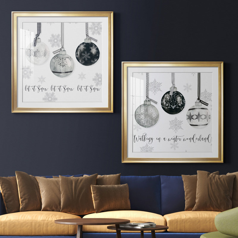 «Let It Snow Ornaments», ensemble de 2 reproductions d'art, H 26,5 po x l 53 po x P 1,5 po, Papier encadré doré, Blanc
