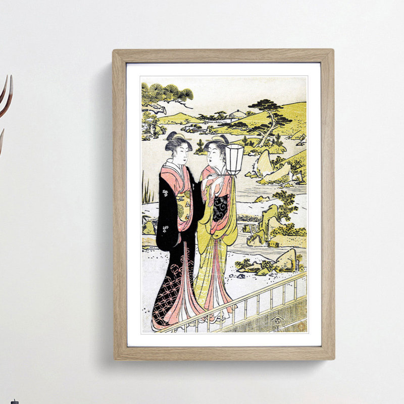 Two Women in a Garden by Torii Kiyonaga - Picture Frame Painting Print, 65cm H x 48cm W x 2cm D, Oak Framed