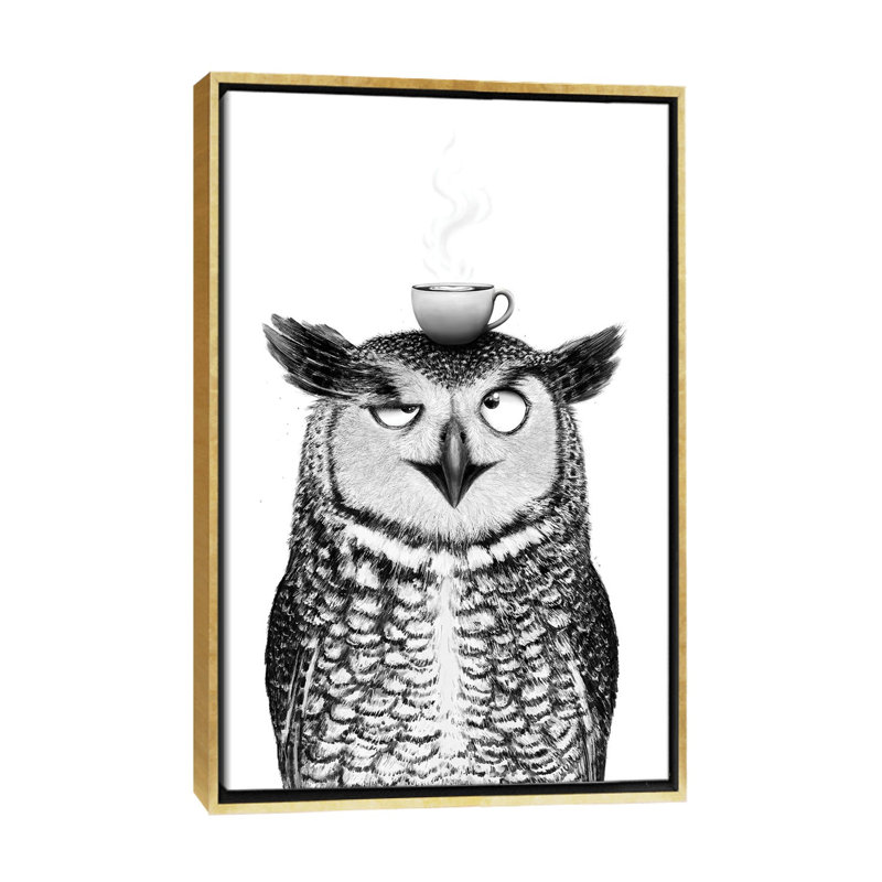 Hibou avec cappuccino - reproduction d'art murale - toile encadrée, 26" x 18", Framed Canvas, Gold