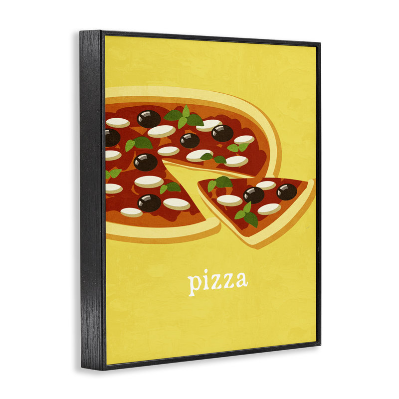 Délicieuse pizza sur estampe jaune encadrée, design par Kim Allen, H 20 po x l 16 po, Giclée encadrée noir minuit
