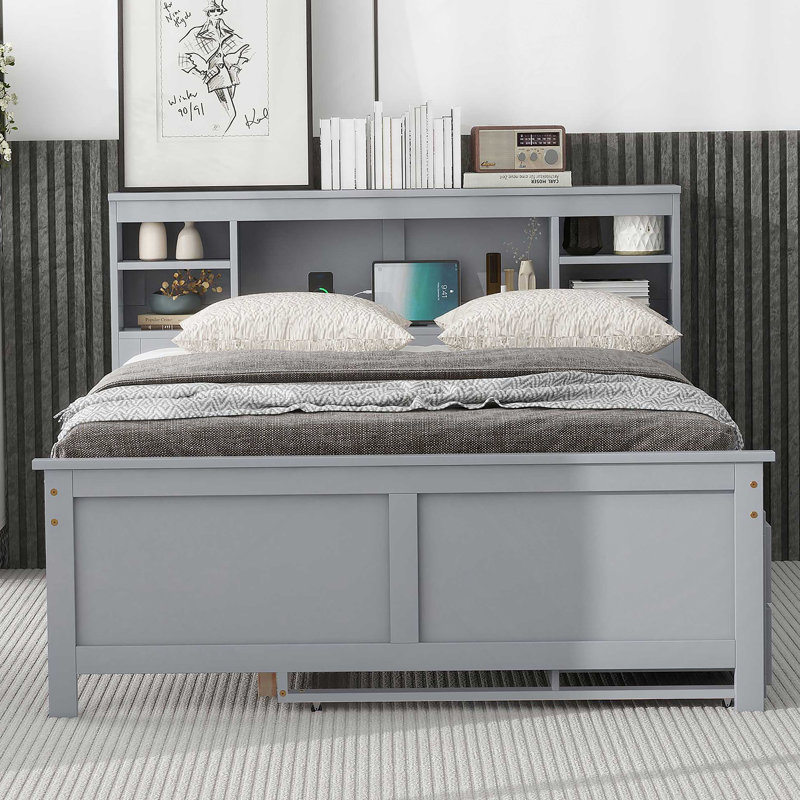 Lit plateforme avec tête de lit, USB, lit gigogne et 3 tiroirs, gris