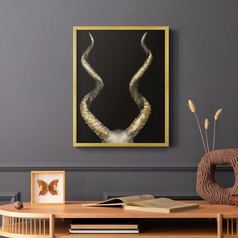 Reproduction encadrée de cornes d'antilope en spirale - bois massif, H 20 po x l 16 po