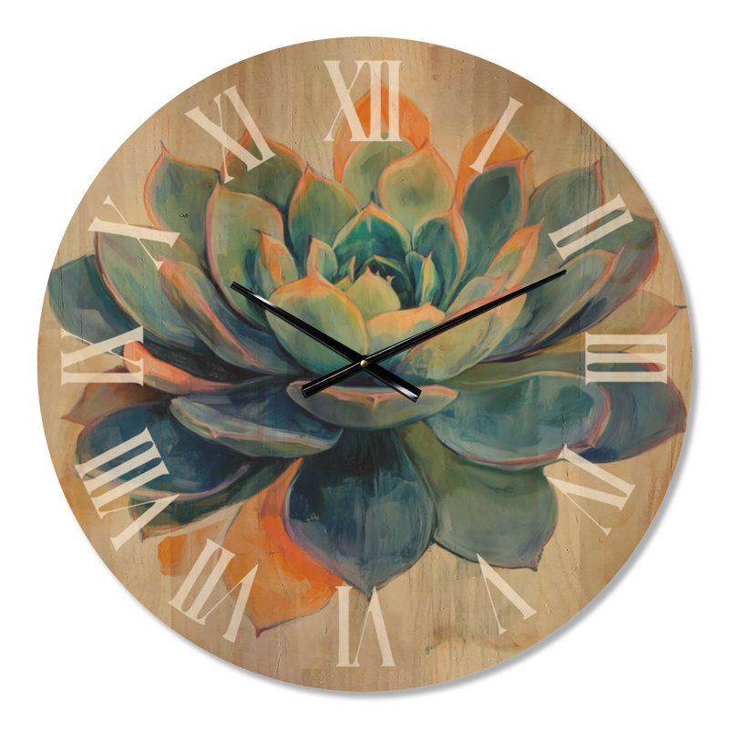 Horloge murale surdimensionnée de style sud-ouest américain, imprimée sur bois, motif rosette de succulentes éclatantes - Bleu marine