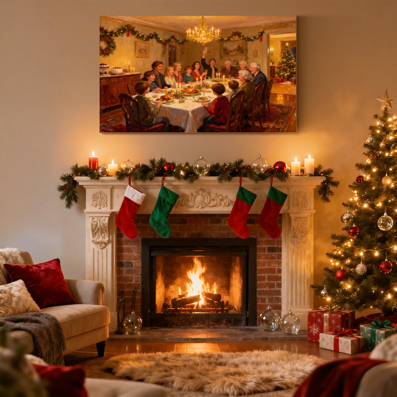 «Christmas Family Gathering Christmas Dinner Scene», ensemble de 3 impressions d'art sur toile, H 20 po x l 30 po