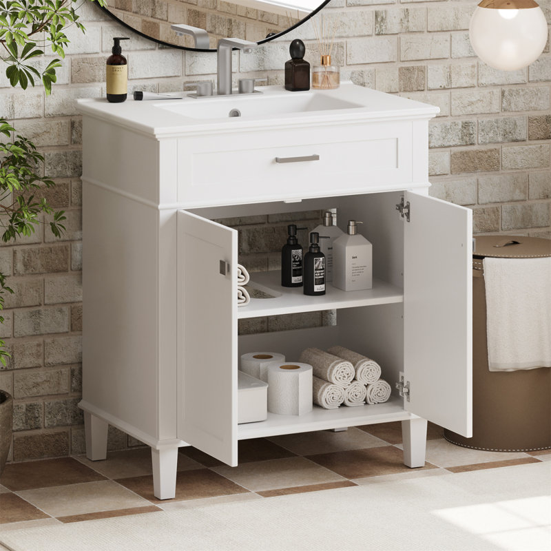 Meuble-lavabo de 30 pouces avec lavabo en céramique, porte à fermeture en douceur et tablettes réglables pour un rangement efficace