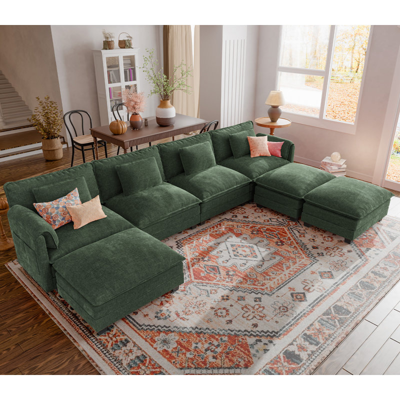 Amabilia 7-Piece 153'' U-Shaped Comfy Cloud Modular Sectional Sofa With Deep Seat, 4-Seat Sofa With Removable Ottomans-Chenille Fabric-Green