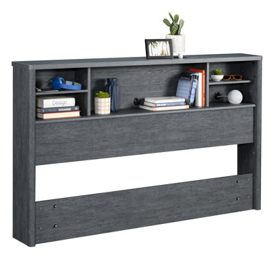 Queen Bookcase Headboard, Denim+brown Finish, Organized Headboard, Spaces, Suitable For Full And Queen Bed Types, Gray Customizable Storage Shelves, Small Size, Simple Assembly Steps, Top Shelf
